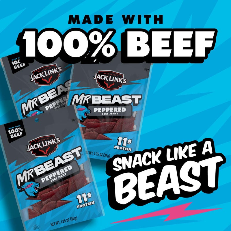 Jack Link's Jack Link’s x MrBeast Peppered Beef Jerky - 11g Protein per Serving, Made with 100% Real Beef, Pantry-Ready, Kids Snacks, Great Stocking Stuffers and Gifts, 10 Count of 1.25oz Bags - Image 3